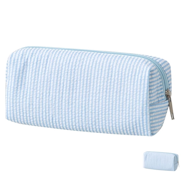 Cute Seersucker Pencil Case, Striped Pen Pouch, Large Capacity Organizer Bag for Office, Travel, Makeup and Daily Storage