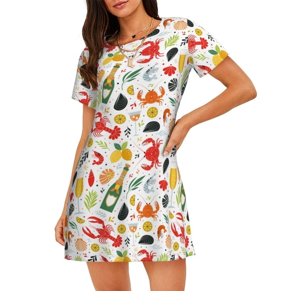 Logiee Crabs Shrimps Print Nightgowns for Women,Soft Short-Sleeved Lightweight Sleepwear, Loose Sleepshirts