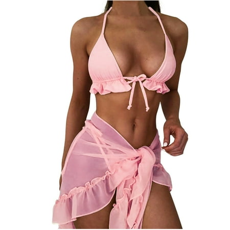 HAPIMO Women s Costume 3 Piece Bikini Swimsuit Summer Seaside Clothes for Girls Strappy Cover Up Bathing Suit Polka Dots Print Beachwear Knot Ruched Swimwear Sets Sales Pink L