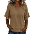 thumbnail image 2 of Women's Bohemian Raw Edge Cotton Linen Blend Short Sleeve Tunic Top Loose Fit Casual Blouse Summer Vacation Outfit Lightweight Everyday Wear Khaki XL, 2 of 8