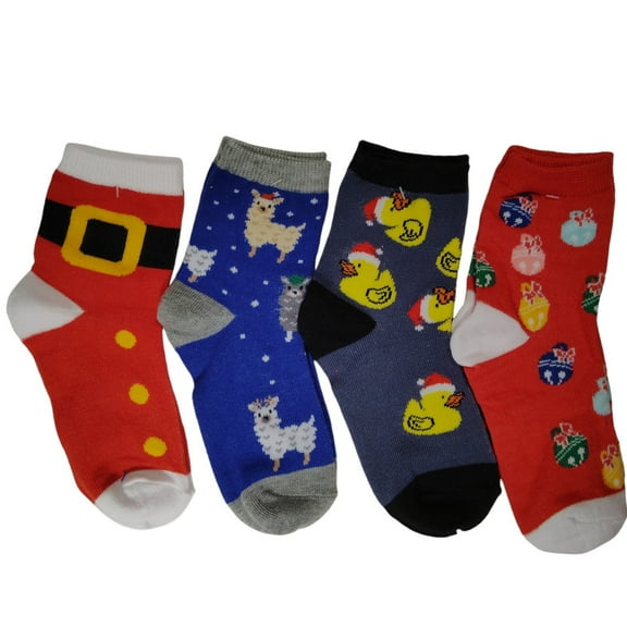 Kids Wintertime Crew Socks – 4-Pack (Santa Belt, Llamas, Rubber Ducks, Tree Ornaments), Size 7–8.5