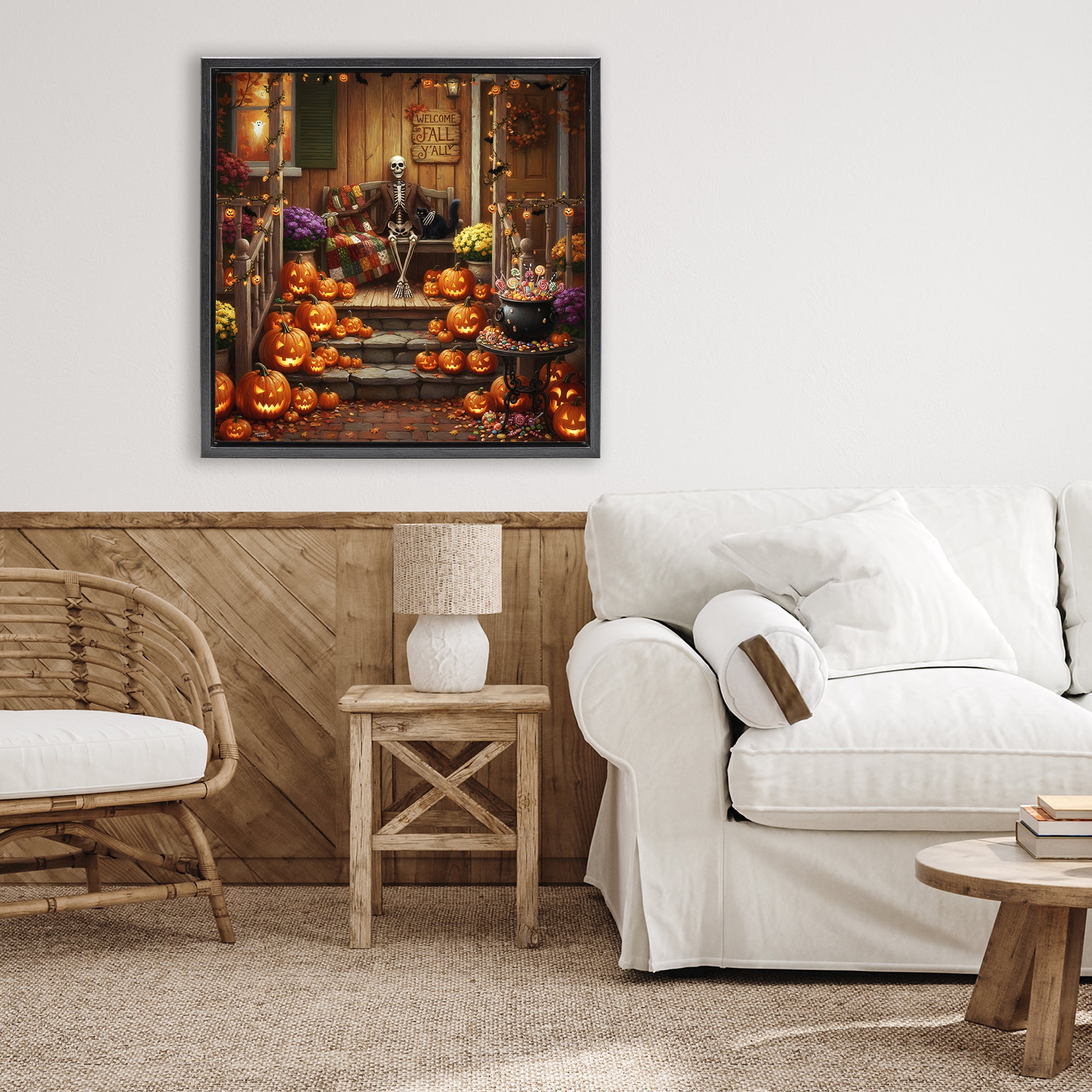 Stupell Industries Welcome To Fall Skeleton Porch Black Framed Floater Canvas Wall Art, design by Tabz Jones
