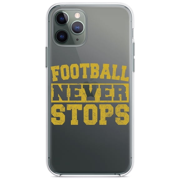DistinctInk Clear Hybrid Case for Apple iPhone 13 Pro Max (6.7" Screen) - Football Never Stops - Tempered Glass Back