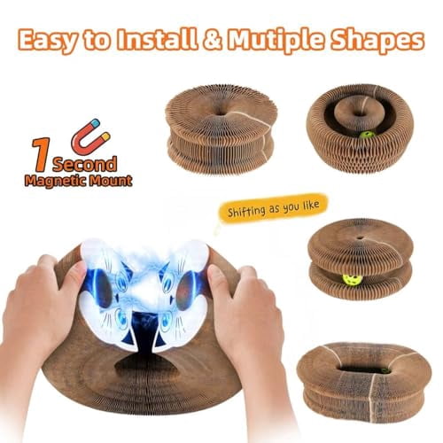 Twisty Paws Cat Toy - Magic Organ Kitty Curl Scratcher with Bell-Ball, Magnetic & Foldable Cardboard Shape Shifting, Interactive Accordion Kurlz Board for Indoor Cats