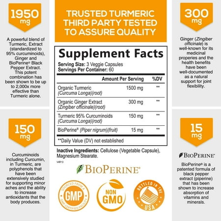 Nature's Nutrition Turmeric Curcumin with Ginger 95% Curcuminoids 1950mg with Bioperine Black Pepper for Best Absorption, Anti-Inflammatory Joint Relief, Turmeric Supplement Pills - 180 Capsules