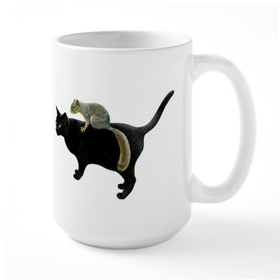 CafePress - Squirrel On Cat Large Mug - 15 oz Ceramic Large White Novelty Mug