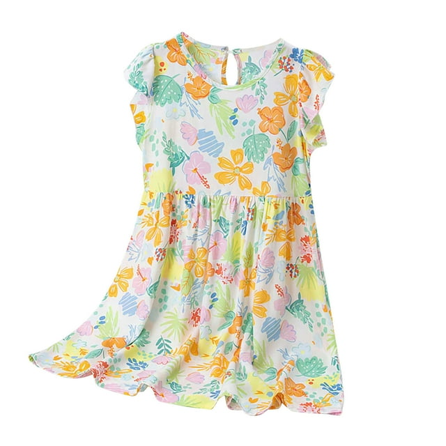 hengsof Robe d'Été Imprimée à Manches Volantées pour Filles, Robe Décontractée à Motif Tendance, Robe Princesse Mignonne à Col Rond Confortable