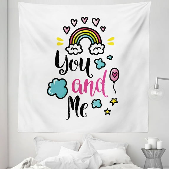 Inspirational Tapestry, You and Me Words with Rainbow Clouds and Hearts Love Romance Doodle Print, Fabric Wall Hanging Decor for Bedroom Living Room Dorm, 5 Sizes, Multicolor, by Ambesonne