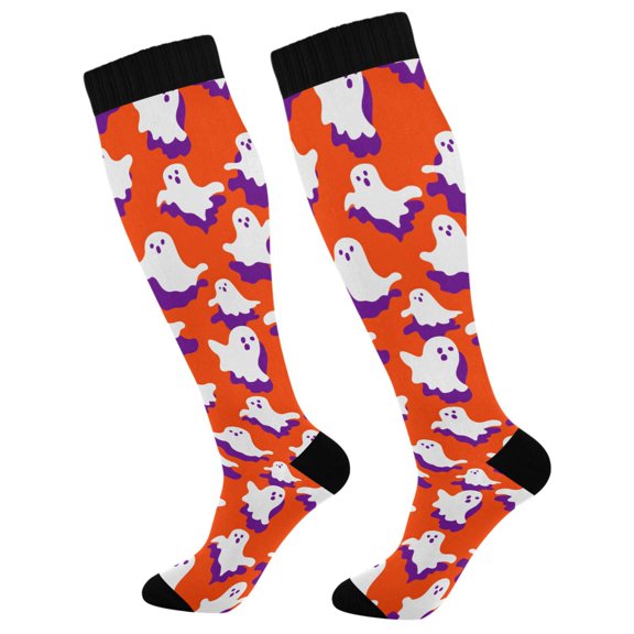 FORMRS Womens Knee High Socks Casual Long Thick Travel Daily Wear, 1 Pair, Orange Cartoon Ghost Pattern