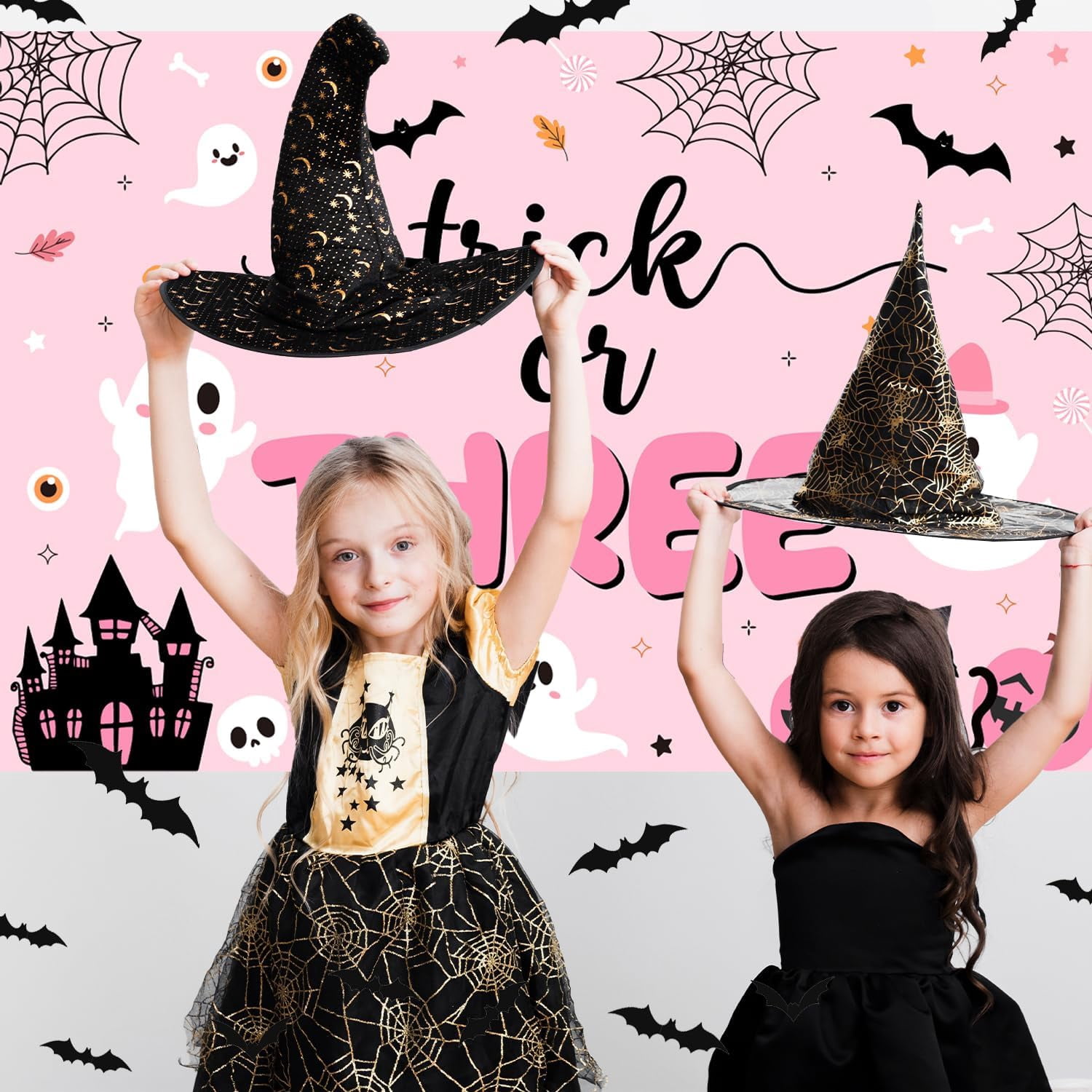 84Pcs Trick or Three Theme Halloween 3rd Birthday Party Decoration Pink Black Balloon Garland Arch Kit Number 3 Foil Balloon 3D Bat Wall Stickers for Girls Halloween Three Birthday Party Decor Favors