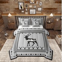 Manfei Wild Deer Silhouette 7 Pieces Bedding Comforter Set,Jungle Animal Full Bedding Set,Retro Aztec Geometric Fitted Sheet Flat Sheet For Kids,Ultra Soft Home Decor