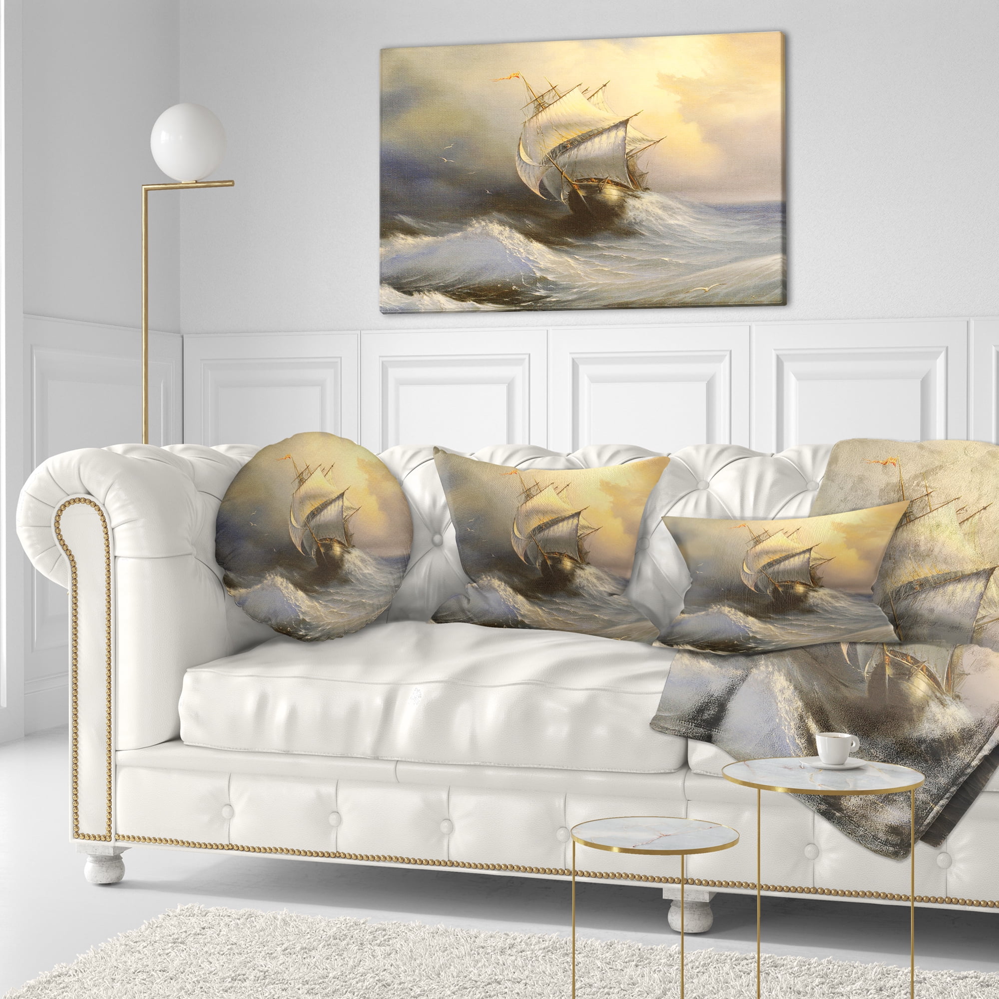 Designart Vessel in Stormy Sea - Seascape Throw Pillow - 12x20