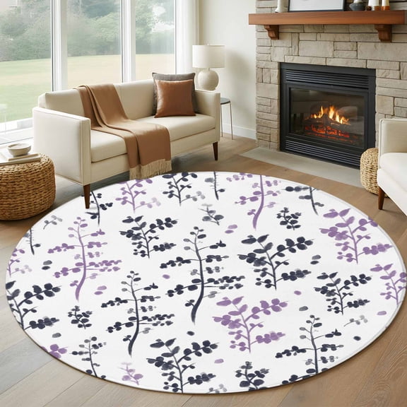 Round Area Rug 8 Ft, Grey Purple Botanical Washable Non-Slip Circle Carpet for Living Room/Bedroom, Watercolor Spring Floral Summer Leaf Collection Low-Profile Large Area Rugs for Indoor