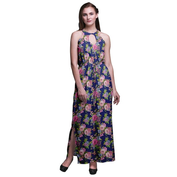 Bimba Floral Women Side Slits Long Casual Halter Maxi Dress Printed Party Wear-Large