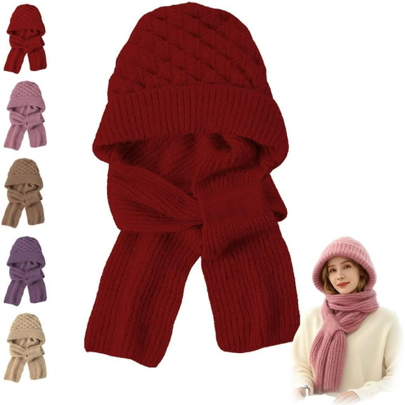 Winter Versatile Knitted Hooded Scarf For Women Warm Fleece Ear Protection Windproof Cap Winter Hat With Attached
