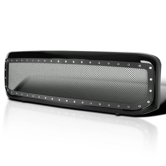 Spec-D Tuning Glossy Black Stainless Steel Rivet Mesh Front Hood Grille Compatible with 1999-2004 Ford F250 F350 F450 Super Duty 2000-2004 Excursion