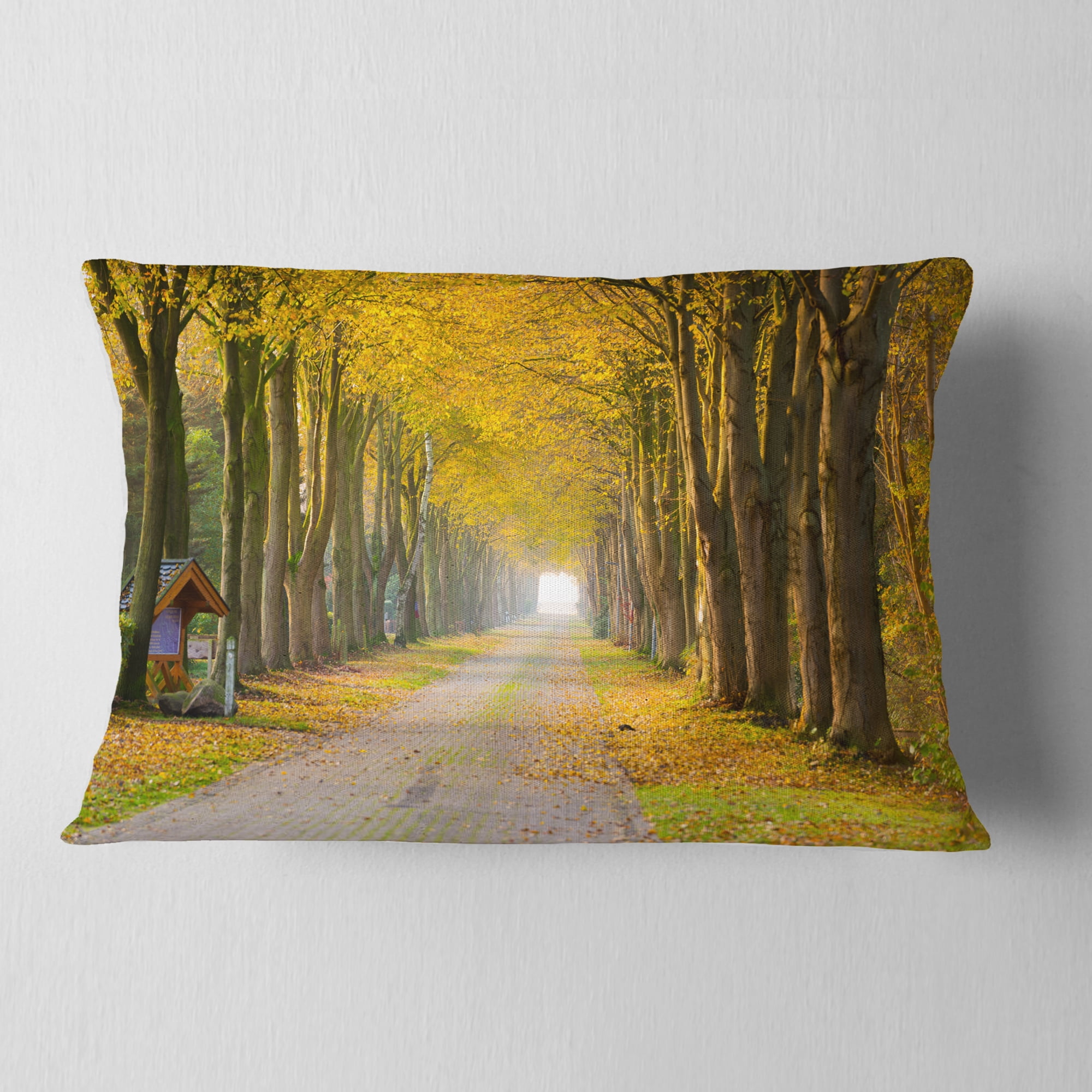 Designart Country Road Below Yellow Trees - Landscape Photography Throw Pillow - 12x20