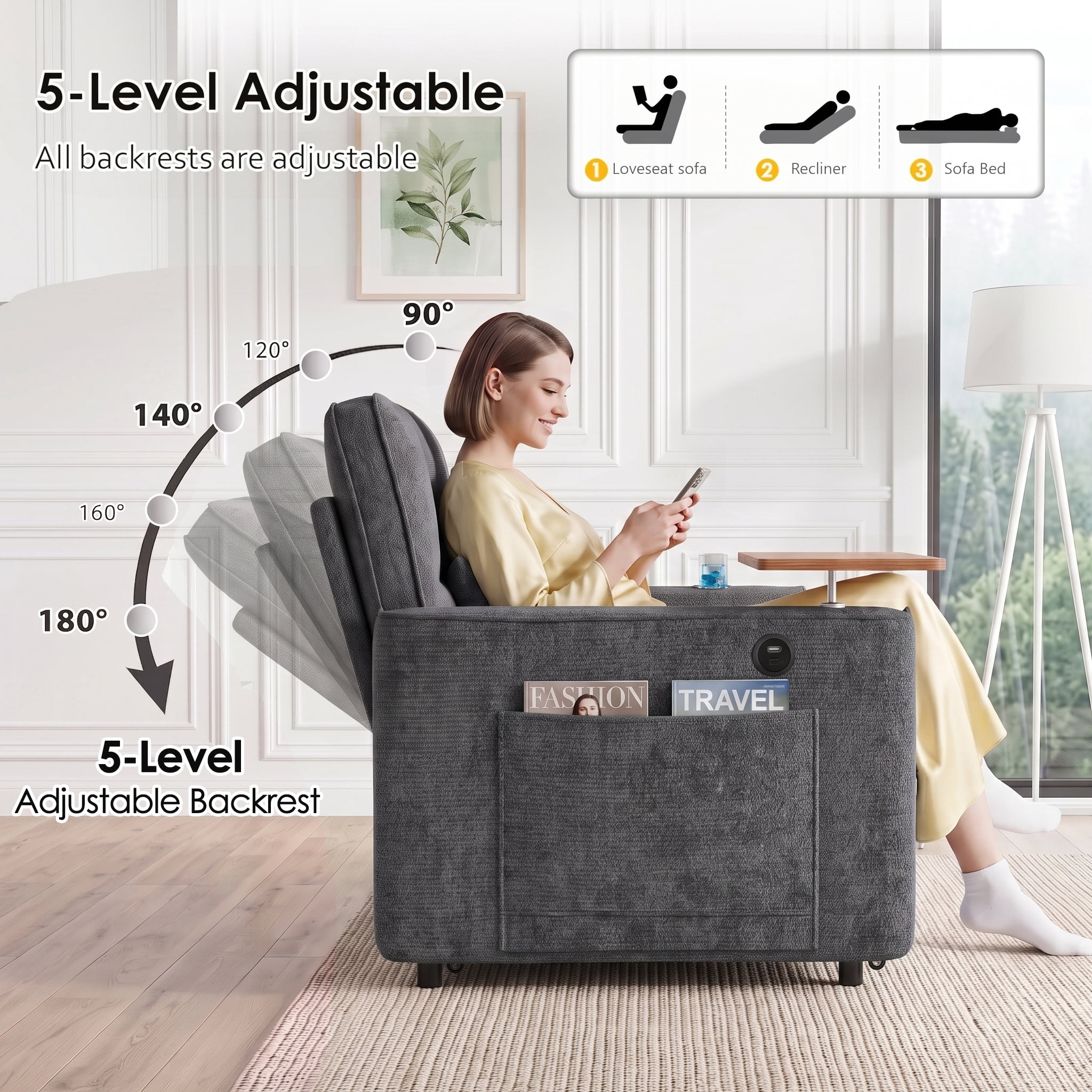 Xiweot 54" Convertible Sleeper Sofa Bed, Full Size Pull Out Couch with Adjustable Backrest, USB Ports & Cup Holder, Chenille Loveseat Sleeper for Apartment Living Room, Dark Gray