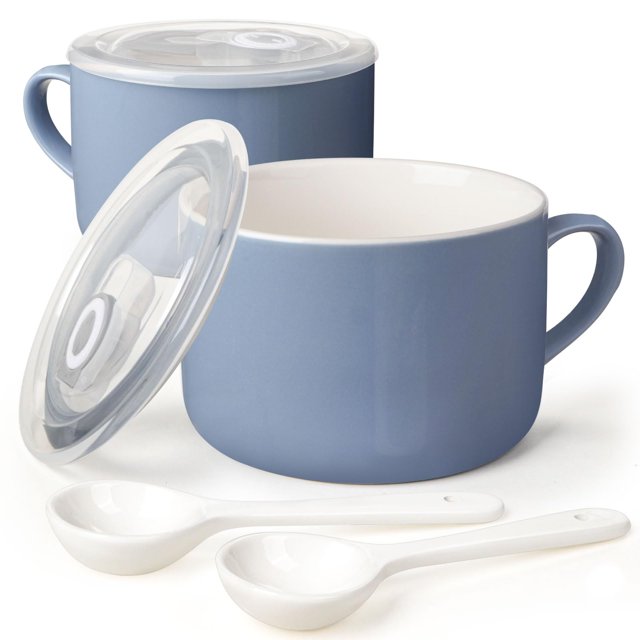 Cuencos de sopa Wareland de cerámica de 900 ml con asas y cucharas, juego de 2