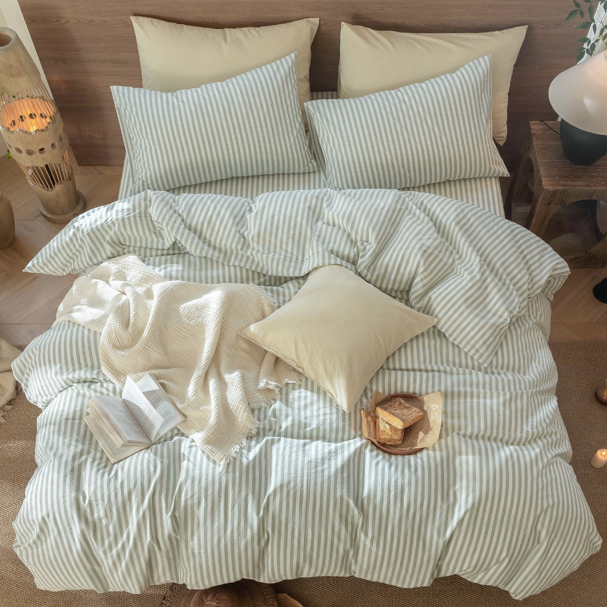 MooMee Striped Duvet Cover Set Queen 100% Washed Cotton Linen Like Textured Breathable 3-Piece (Sage Green& White Classic Stripes)