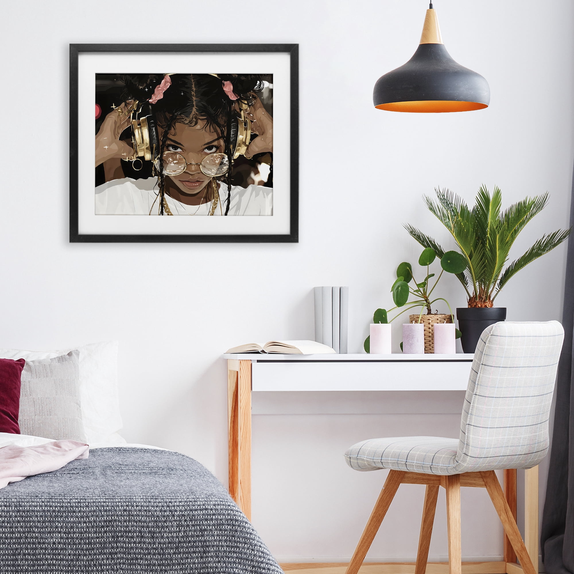 Stupell Industries Trendy Girl with Gold Headphones Black Framed Print Under Glass, design by Franklyn Gregory