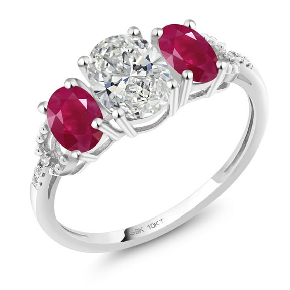 Gem Stone King 10K White Gold IGI Certified Lab Grown Diamond and Red Ruby 3-Stone Engagement Ring | 2.22 Cttw | Center Oval Diamond 1.00 Ct | E-F Color | VS1-VS2 Clarity (Size 5)