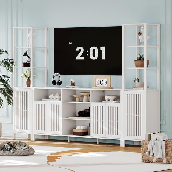 Farmhouse TV Stand for TVs Up to 70 in, Entertainment Center with Bookshelves, Media Center with Storage Cabinet & Adjustable Shelves for Living Room Bedroom Home Theater