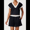 thumbnail image 2 of Camisetas de Mujer de Corta con Cuello en V y Contraste de Color, Deportivas Holgadas de Verano, Color Negro, Talla L, 2 of 7