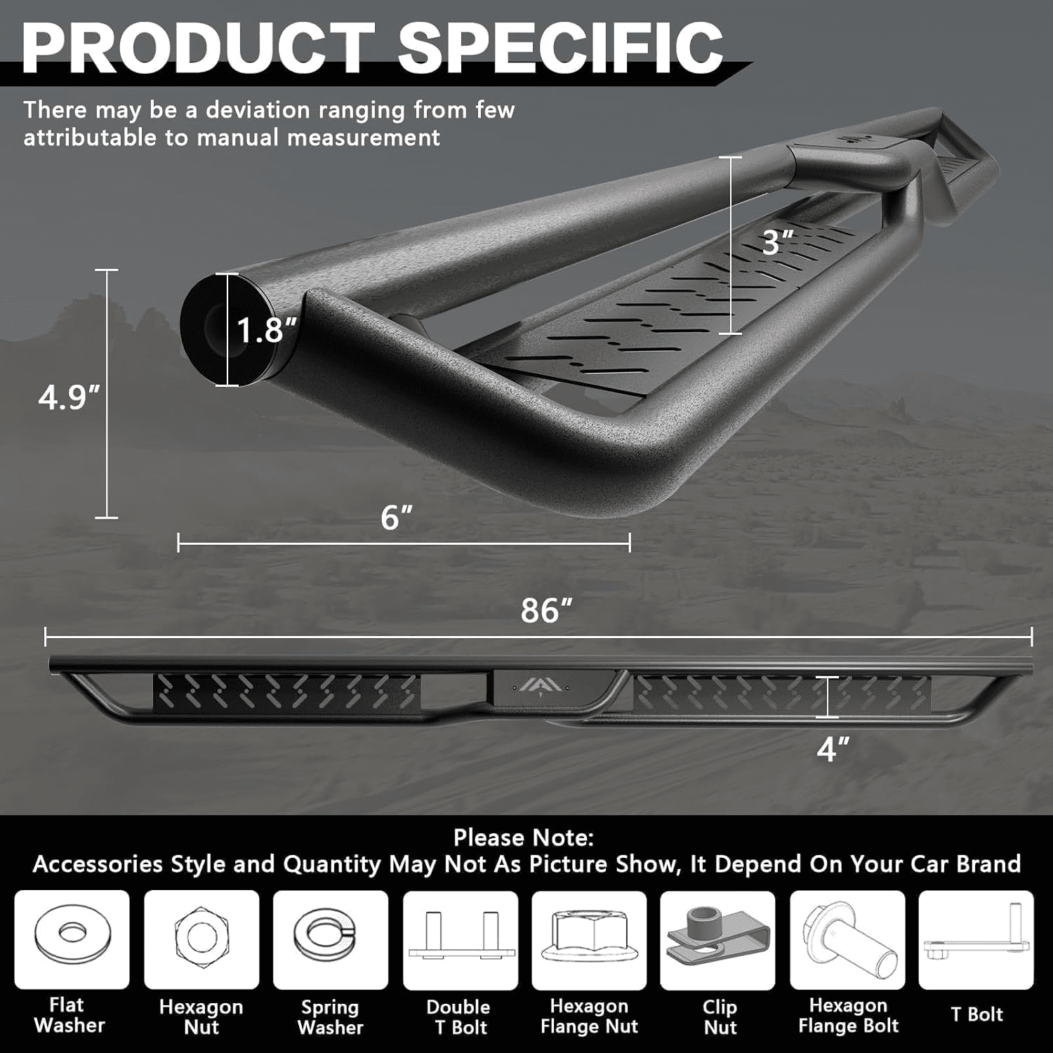 TPA Running Boards 6" Compatible with 2007-2018 Chevy Silverado GMC Sierra 1500 | 2007-2019 2500HD 3500HD Crew Cab Black Two-Stair Design Side Steps Steel Rails Nerf Bars