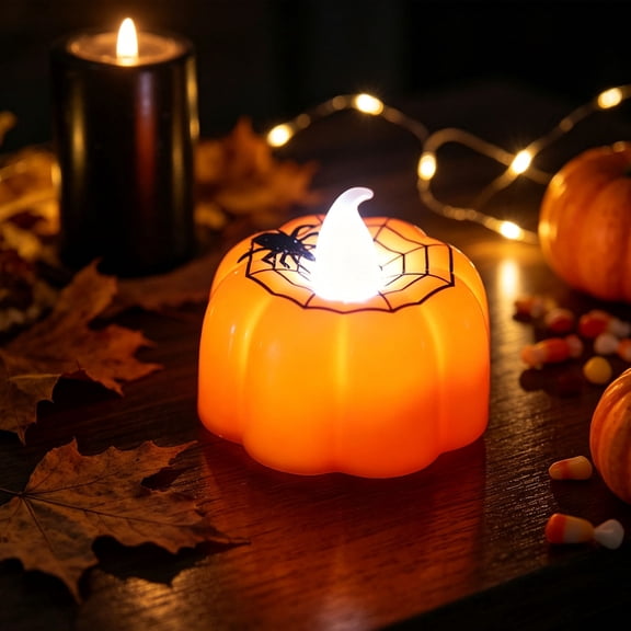 Kmonabie Plastic Pumpkin LED Candles, Flameless Battery Operated Tea Lights for Halloween Party Home Decor, Web Print Mini Luminaries with Warm Glow