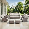 thumbnail image 2 of OPOHORO Outdoor 8 Pieces Conversation Set, Brown Wicker Sofa, with Swivel Chairs, Lounge Chairs, Side Table and Ottomans, Patio Furniture Set with 5" Thick Cushion for Porch, Beige, 2 of 14
