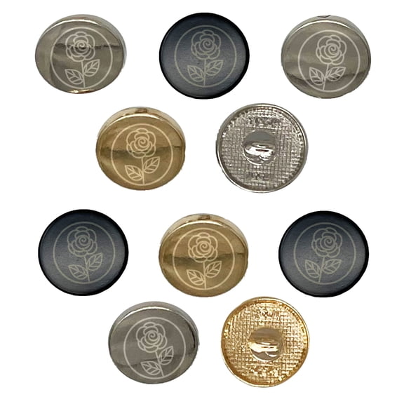 Rose Flower in Circle Set of 10 Metal 0.6" (15mm) Sewing Shank Round Buttons - Gold Color