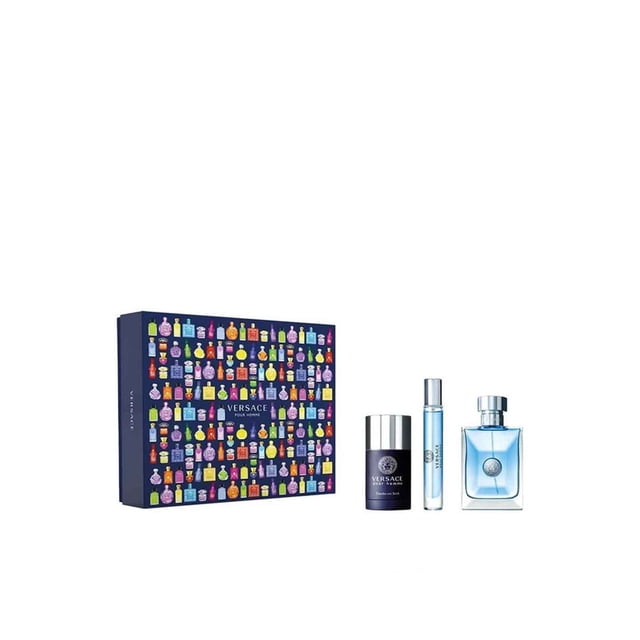 set de regalo perfume versace pour homme edt, 100 ml, 3 piezas, para hombre caja azul decorada y frascos: vaporizador EDT 100 ml vidrio azul cuadrado, atomizador de viaje 10 ml cilíndrico y desodorante en barra 2.5 oz con tapa plateada; también apto como estuche compacto para viaje.
