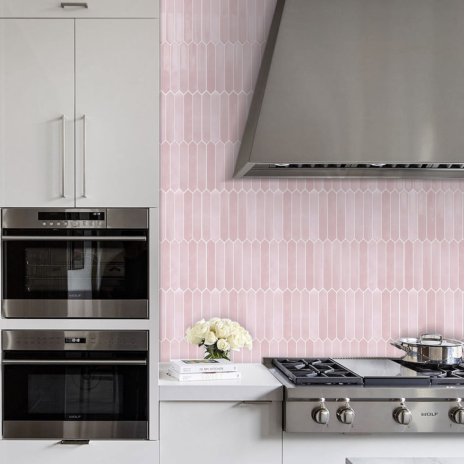 DEWOO Pink Long Hexagon Tile Peel and Stick Backsplash, 10 Sheets Self-Adhesive Wall Tiles Stick on Back Splash for Kitchen, Bathroom, Fireplace,RV(12"×12")