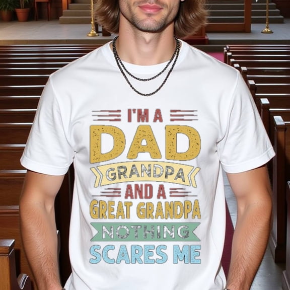 Natee Men's Funny Graphic T-Shirt - "I'm a Dad, Grandpa & Great-Grandpa" Saying - White Tee with Yellow & Blue Text - Regular Fit Short Sleeve Shirt - Father's Day Gift Idea - Machine Washable Casua