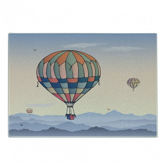 Hot Air Balloon Cutting Board, Travel Adventure Gradient Mountains Cartoon Airship Journey Illustration, Decorative Tempered Glass Cutting and Serving Board, in 3 Sizes, by Ambesonne