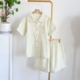 thumbnail image 3 of Krdevn Women Double Gauze Pajama Set, Notch Collar Plaid Short Sleeve Top & Shorts Loose Plus Size Loungewear,Light Green, 3 of 3