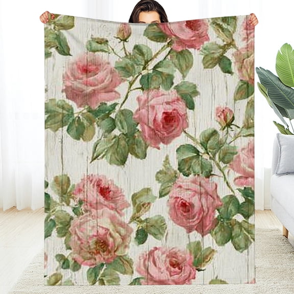 RKSupls Christmas Throw Blanket, Vintage Rose Floral Soft Flannel Blanket, Fuzzy Warm Cozy Happy New Year Blanket for Couch Bed Home Decor, 30*40in