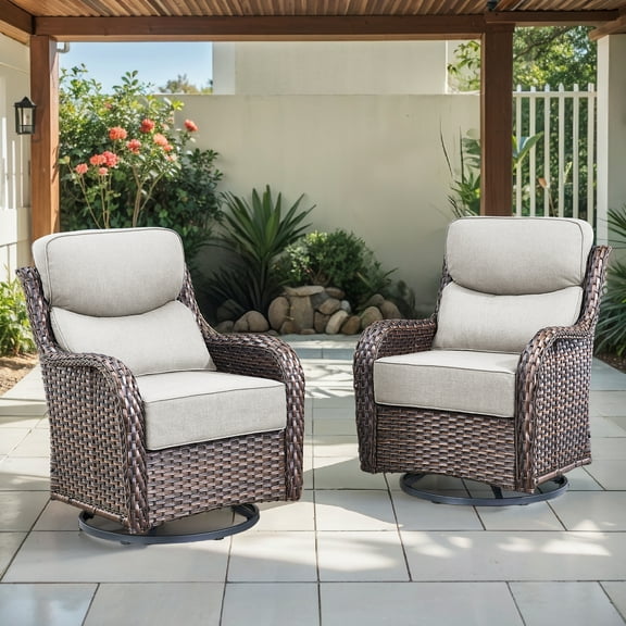 OPOHORO High Back Outdoor Swivel Patio Chairs Set of 2, 6-Inch Thick Cushions Outdoor Brown Wicker Swivel Glider Rocking Chairs for Porch Deck - Beige