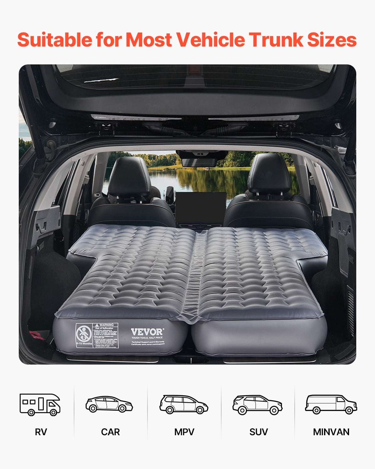 VEVOR Car Air Mattress, Inflatable Car Camping Mattress, Oxford Thickened Travel Beds, Comfortable and Durable Portable Sleeping Pad with Air Pump, Nozzle, Carry Bag, Fits Most SUV MPV Sedan, Gray