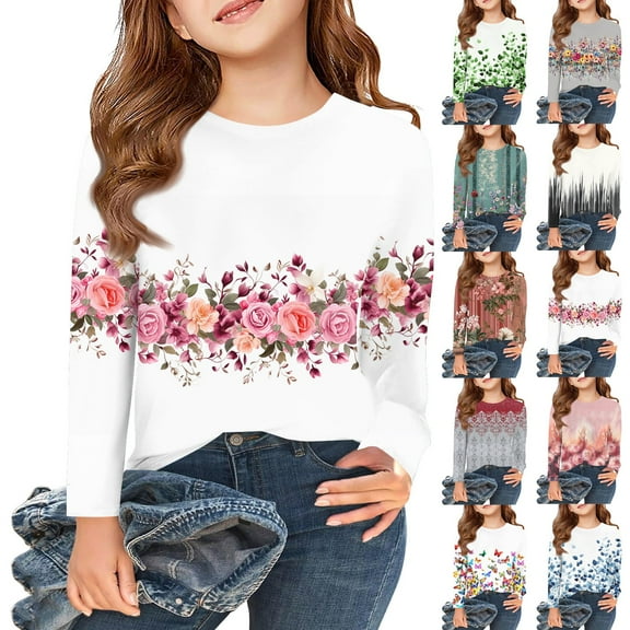 Drmagiyhm Girls Long Sleeve Shirts Size 10-12 Casual Crewneck Floral Print Shirt Fashion Basic Fall T-Shirt Girl Comfy Tops 9-10 Years Black