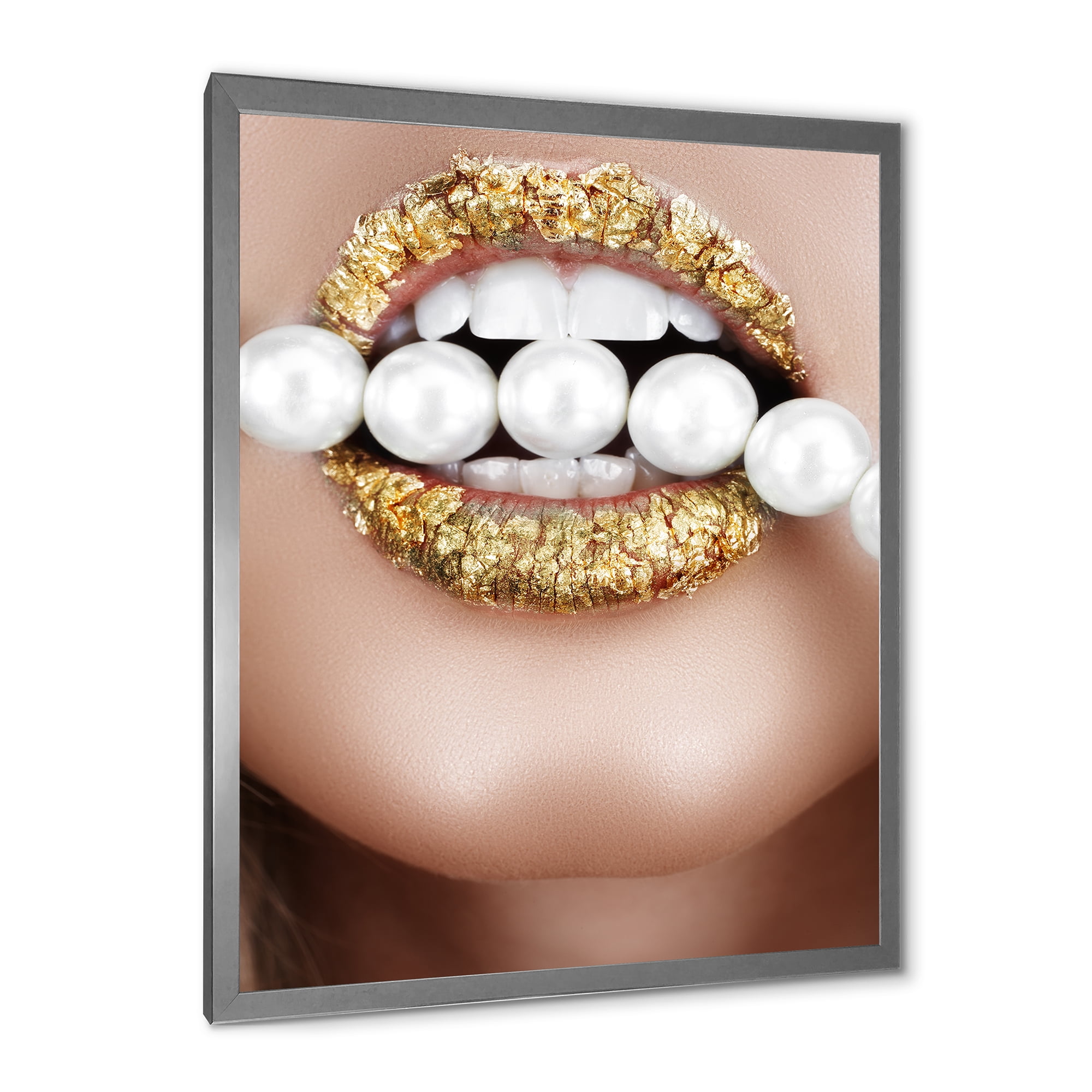 Designart 'Gold Leaf Lips Mouth With Pearls' Modern Framed Art Print