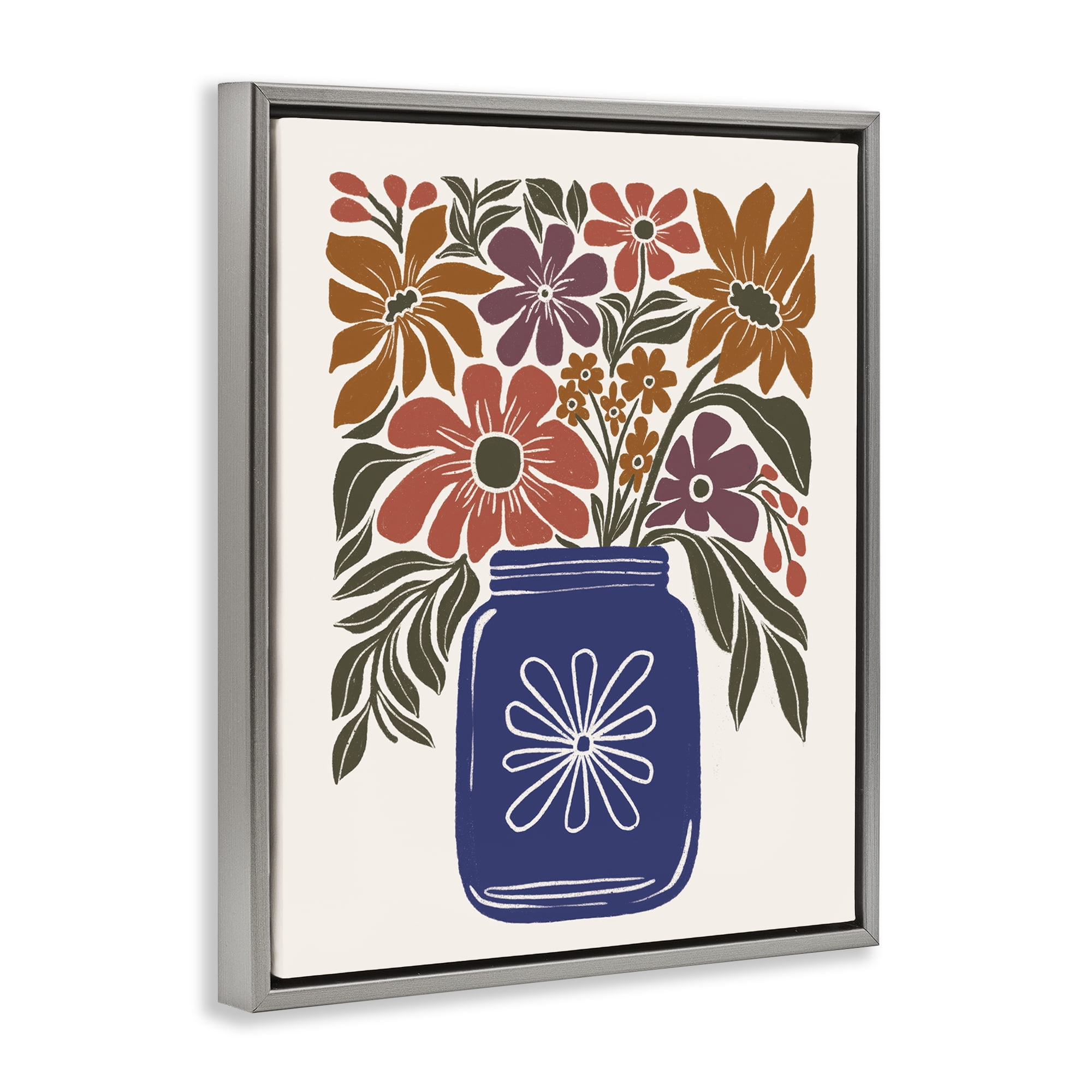 Stupell Industries Boho Blossoms Vase Plants & Flowers Painting Gray Floater Framed Canvas Art Print Wall Art, 25 x 31