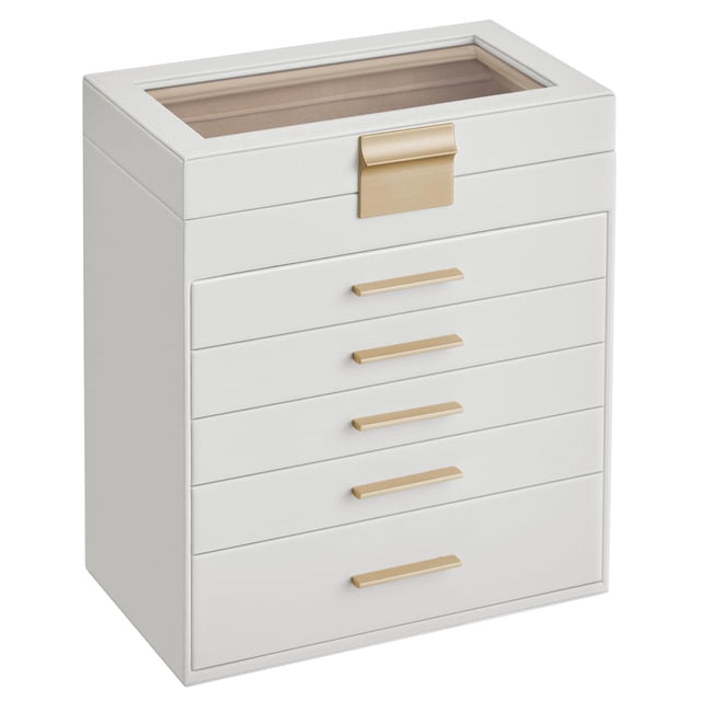 SONGMICS Joyero con Tapa de Vidrio, Organizador de Joyas de 6 Capas, 5 Cajones, para Gafas de Sol, Joyas Grandes, Almacenamiento de Joyas, Estilo Moderno, Color Blanco Nube y Dorado UJBC171W01