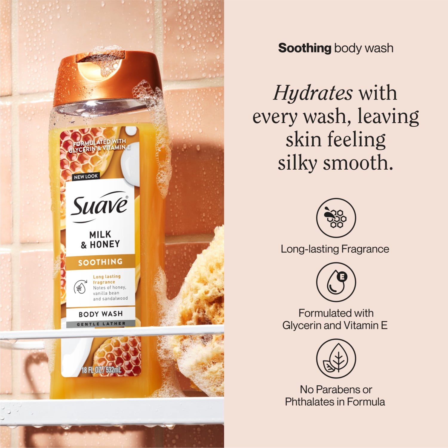 (3 pack) Suave Milk & Honey Moisturizing Body Wash with Glycerin & Vitamin E, 18 FL OZ