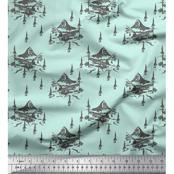 Soimoi Green polyester Crepe Fabric Cedar Tree & Mountain Nature Fabric Prints By Yard 42 Inch Wide