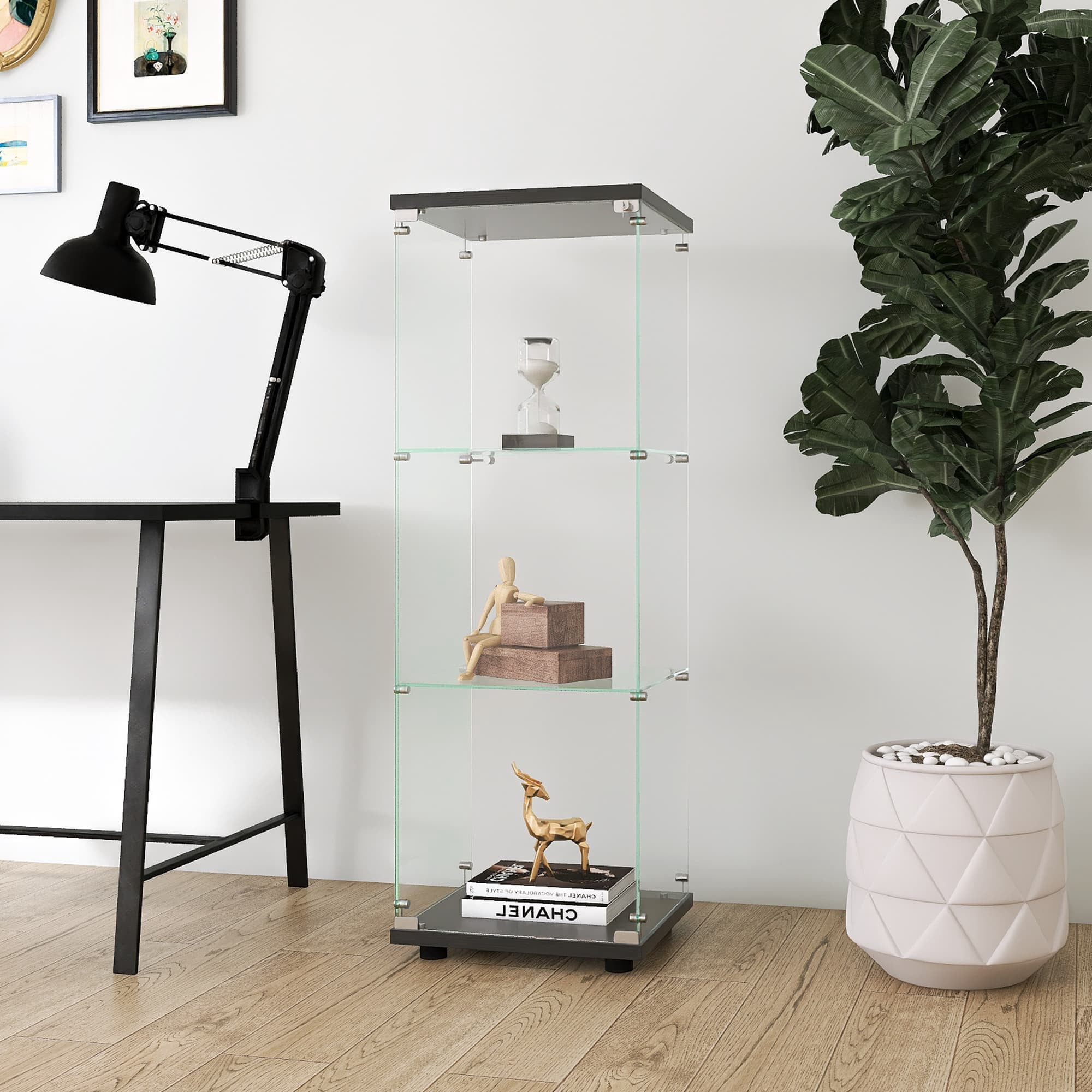 MAYEERTY Glass Display Cabinet with 3 Shelves, One-Door Glass Bookshelf Cabinets, Black, 49.3"×16.7"×14.3"