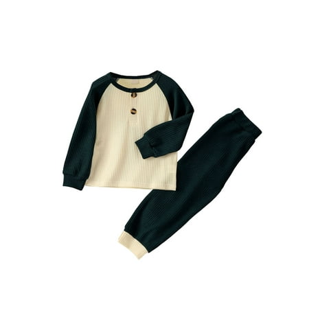 

IZhansean Toddler Baby Boy Girl Clothes Waffle Contrast Long Sleeve Sweatshirt Top Pants Pajamas 2Pcs Fall Winter Outfits Dark Green 4-5 Years