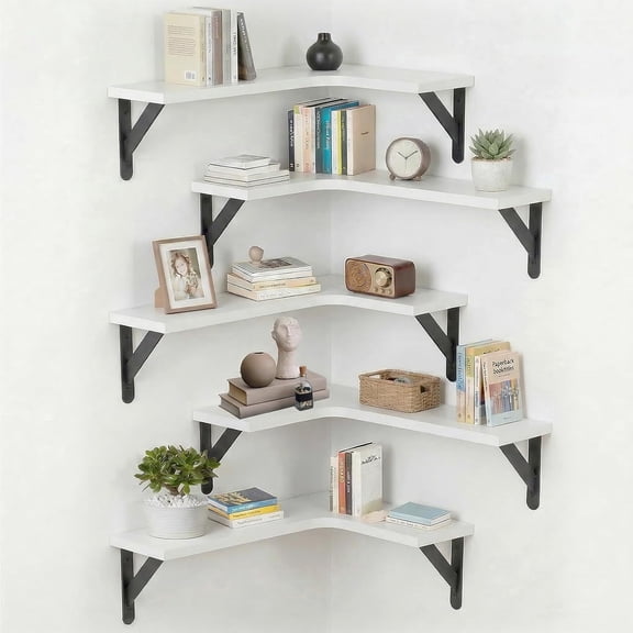 Corner Floating Shelves Set of 5, Rustic Wood Shelves for Home Decor, Wall Mounted Storage Corner Shelf for Bedroom Kitchen Living Room Bathroom Office, White