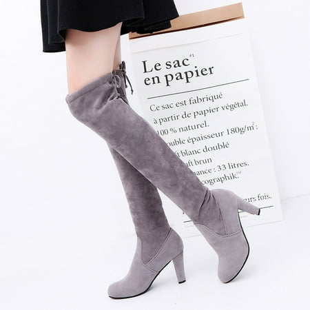 

New High Boots Over The Knee Boots Abrasive Leather Thick Heels High Boots Large Size High Boots Women s Shoes GRAY 41
